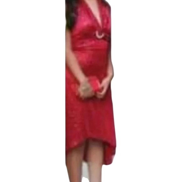 My Michelle Red and Silver Sparkle Satin Cocktail Formal Halter Hi-Lo Dress - Picture 4 of 9